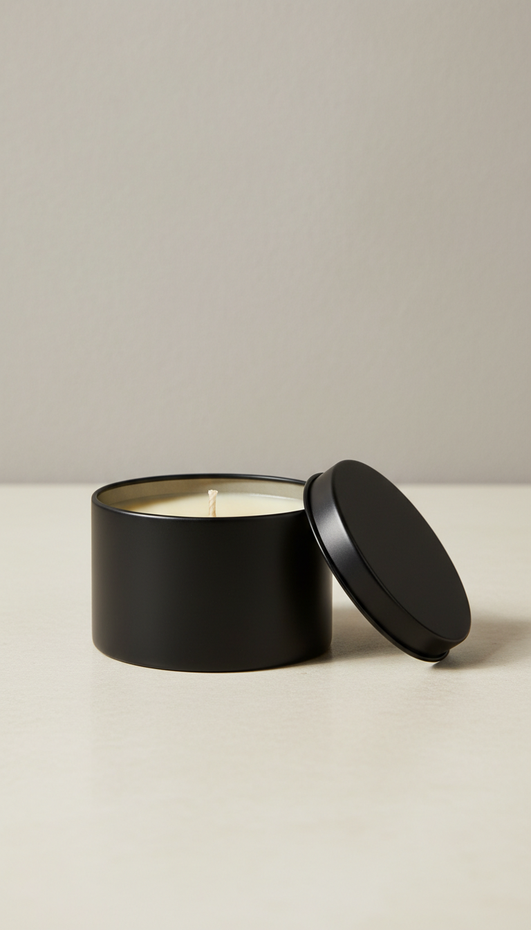 Saffron and sparkling wine candle in a silver tin