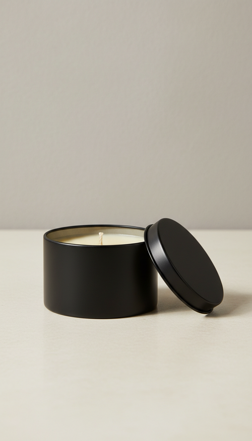 Saffron and sparkling wine candle in a silver tin